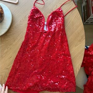 Showpo Finn Mini Dress - Plunge Neck Sheer Sequin Dress